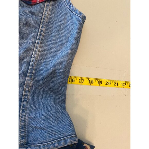 Vintage Paris Blues Denim Vest Plaid Collar & Floral Hem Large - Picture 7 of 8